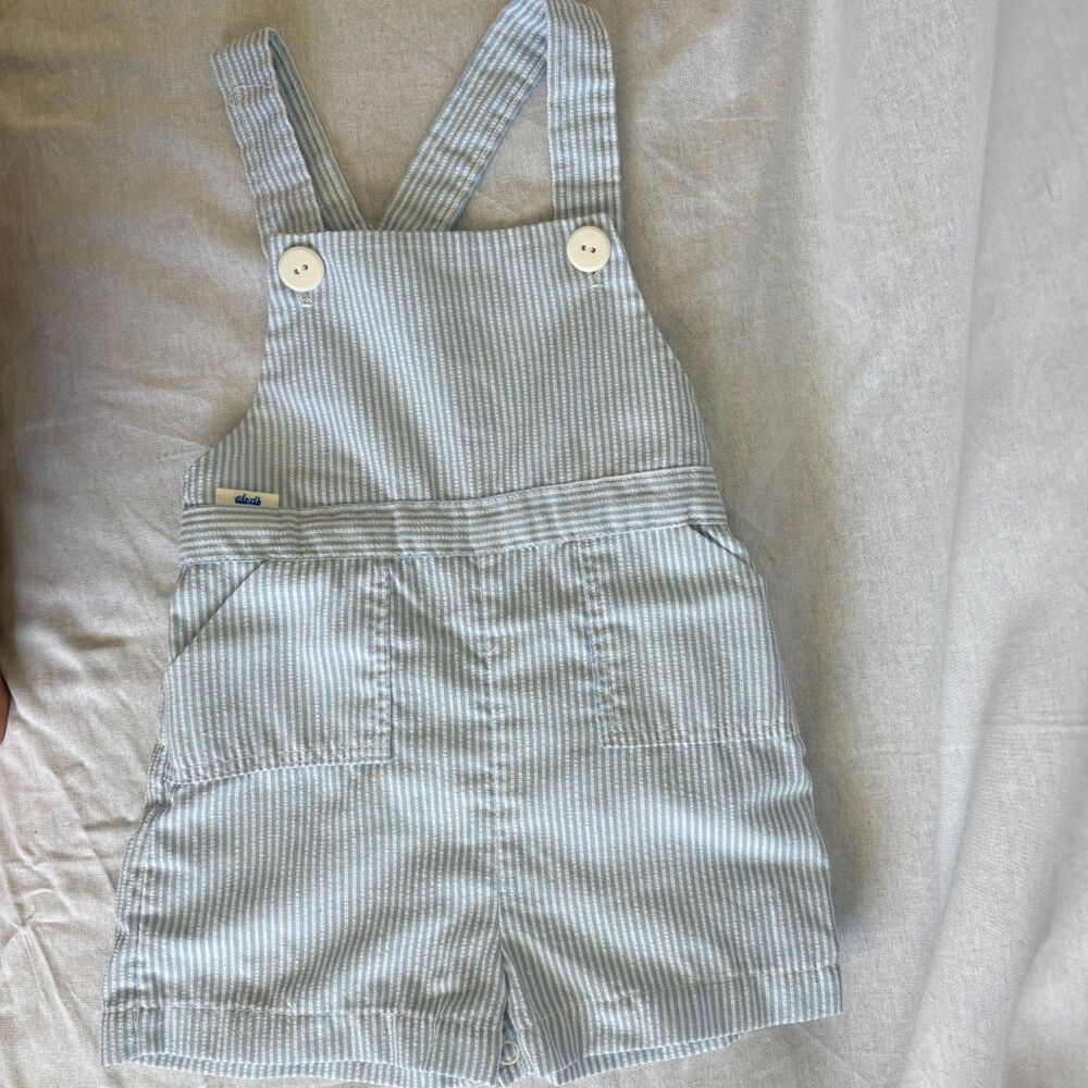 Vintage Alexis Baby Blue White Striped Shortalls Romper 18M USA